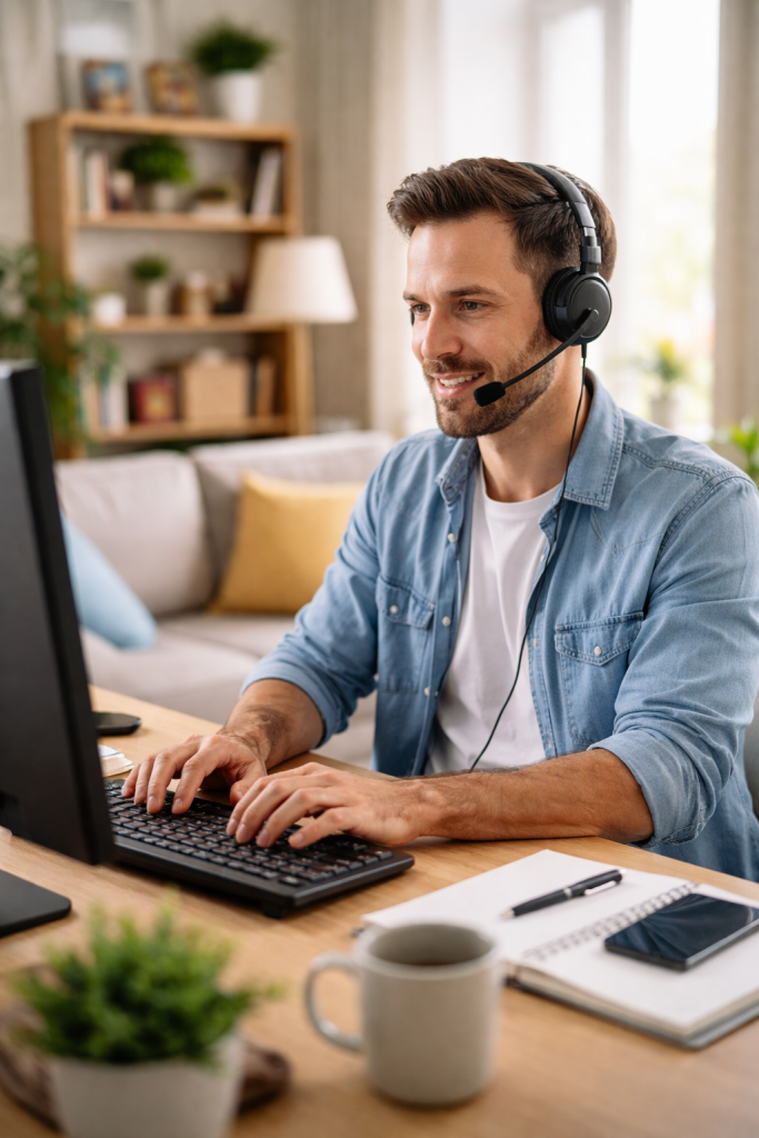 Man wearing wired headphones with a microphone typing on a computer while working from home.