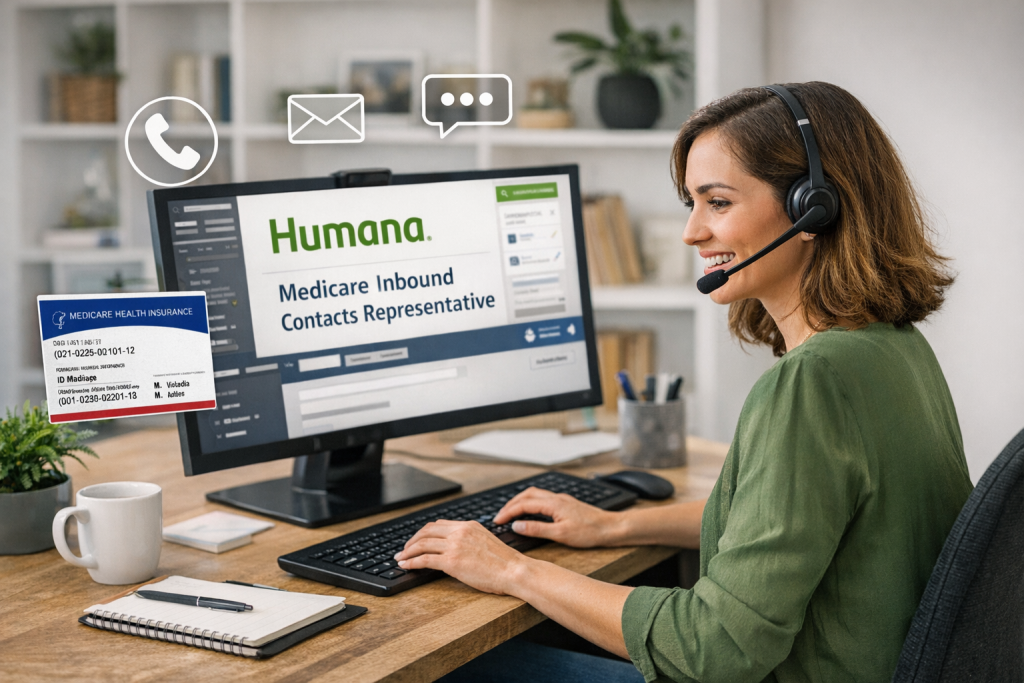 Remote Medicare customer service representative wearing a headset while assisting members from a home office workspace
