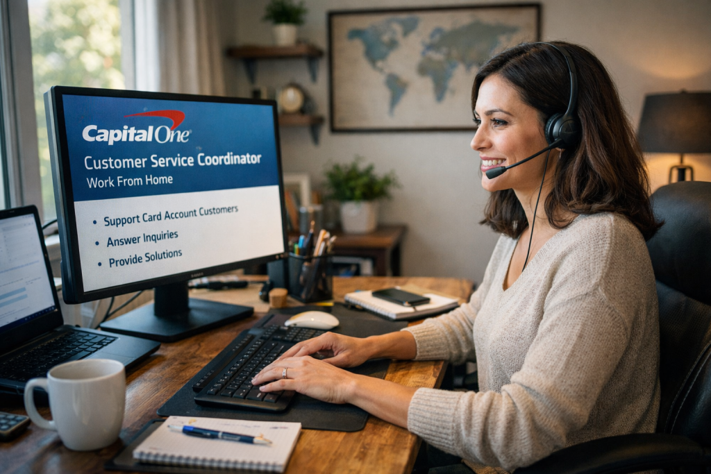 Woman wearing a headset works at a home office desk, speaking with customers while viewing a customer service coordinator screen on her computer.