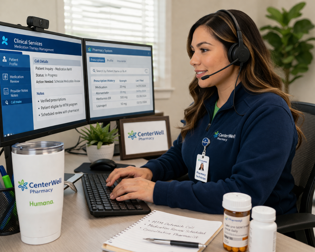 Centerwell Humana Pharmacy Technician working at a desk
