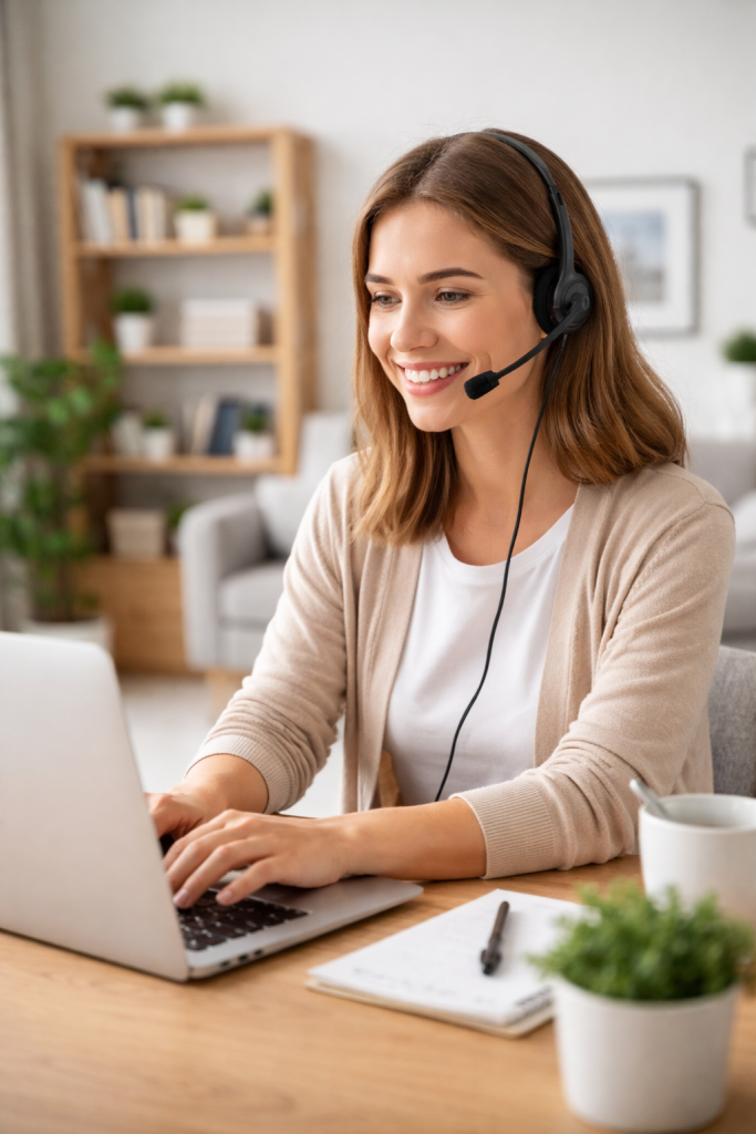 Customer service representative wearing a headset and typing on a laptop while working from a home office.