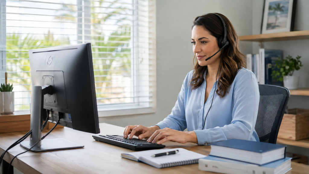 Pharmacy care technician wearing a headset and entering information on a computer from a private home office.
