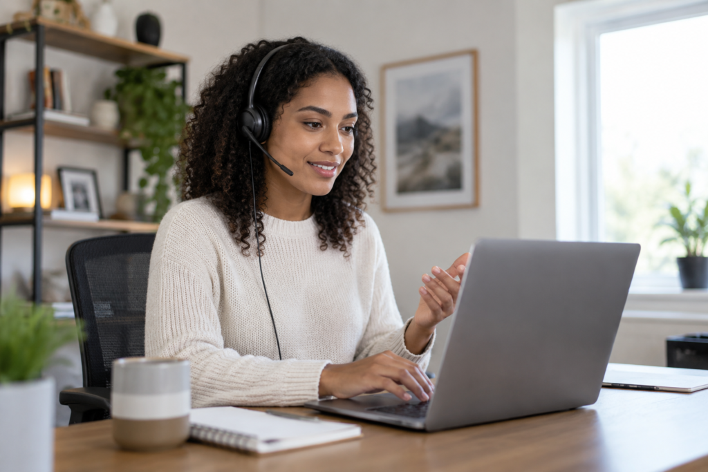 Remote customer service representative wearing a headset while working at a laptop in a home office