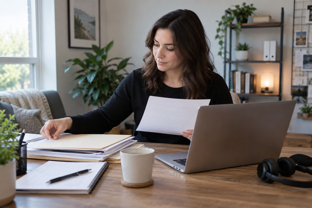 Remote litigation support coordinator organizing case documents beside a laptop in a home office