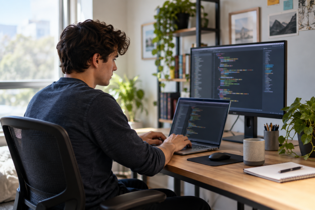 Junior software engineer coding on a laptop and external monitor in a home office