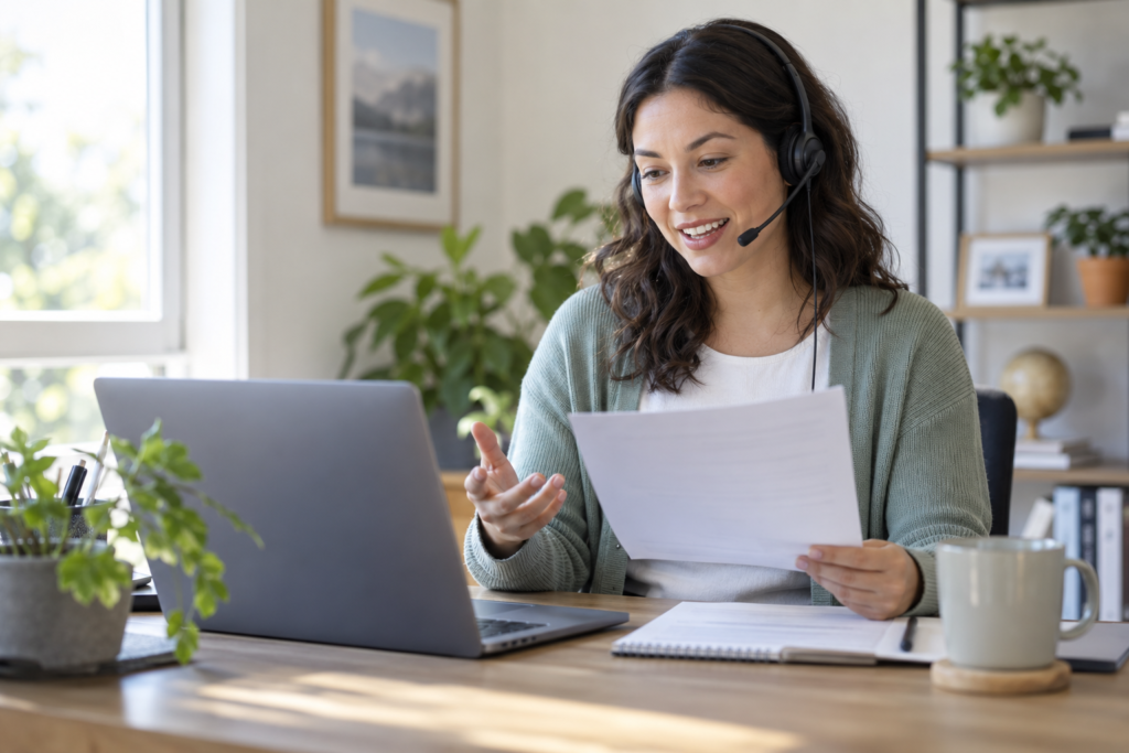 Remote insurance customer service associate reviewing a document while speaking through a headset
