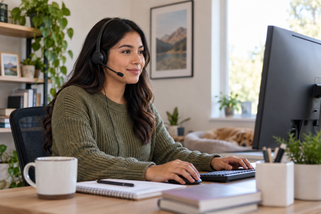 Remote customer service agent wearing a headset at a secure and quiet home workstation